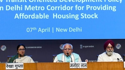 Union Minister of Housing and Urban Affairs Manohar Lal Khattar with Delhi Chief Minister Rekha Gupta and others at a conference on Regularisation of Unauthorised Colonies in Delhi. (ANI Photo/Naveen Sharma) (ANI)