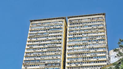 Mumbai, India. April 14, 2026 - View of the Panchratna skyscraper near Charni Road Railway Station in South Mumbai, India. April 14, 2026. (Photo by Raju Shinde/HT Photo) (Raju Shinde)