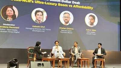 DLF Home Developers MD Aakash Ohri speaks during a discussion with panellists Chetan Chichra of Grant Thornton Bharat and Ankur Jalan of Golden Growth Fund, moderated by HT Digital's Real Estate Editor Vandana Ramnani, at the HT India Next Real Estate Expo 2026 at Bharat Mandapam in New Delhi on June 27. (HT Photo)