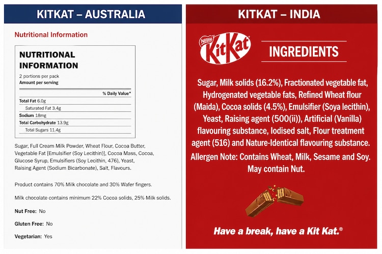 Comparison of KitKat ingredient and nutritional labels in Australia and India, highlighting differences in composition and labelling.